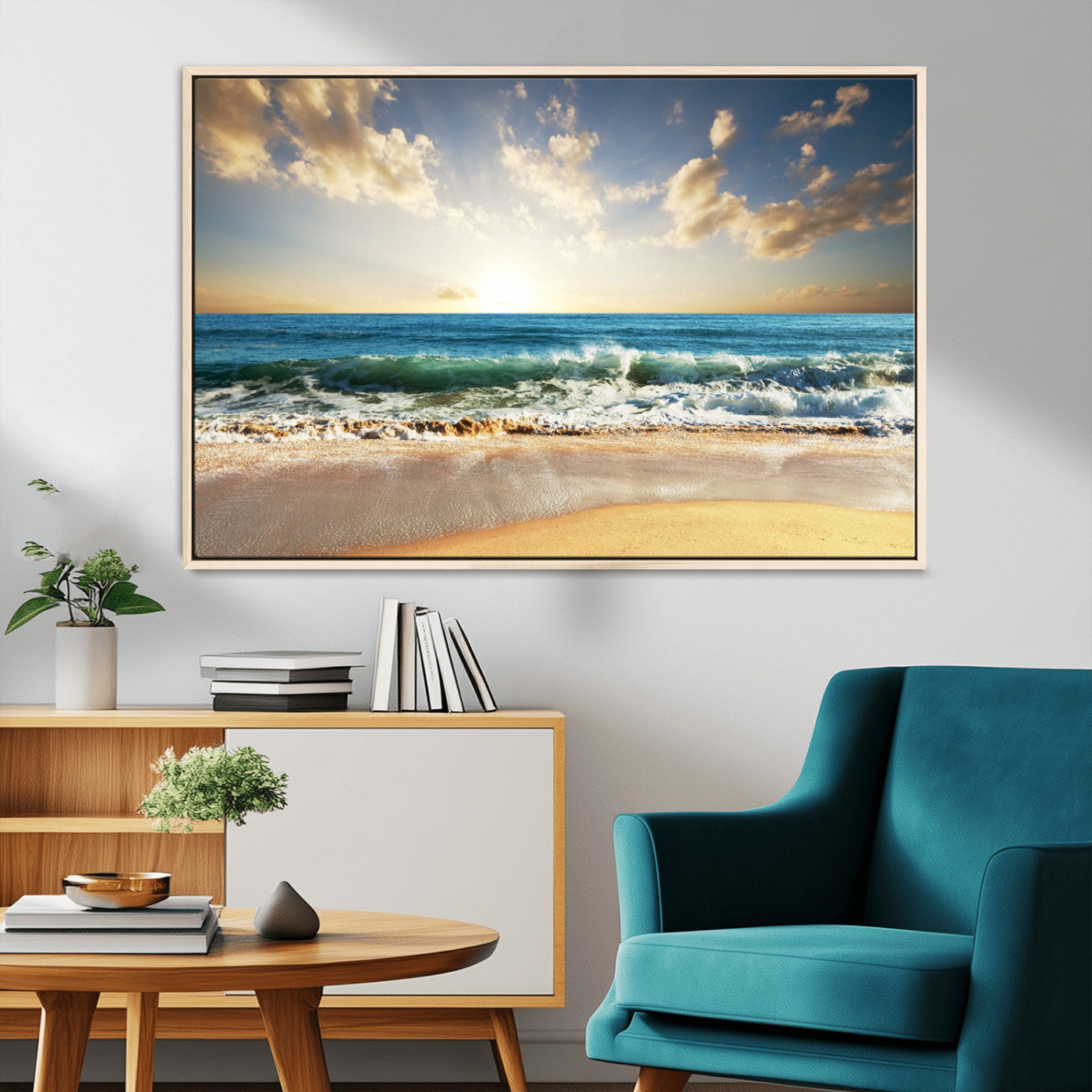 MGV-FC-36X24 - Golden Sunset Beach Triptych Canvas Wall Art for Living Room – 3-Panel Ocean View, Framed & Ready to
