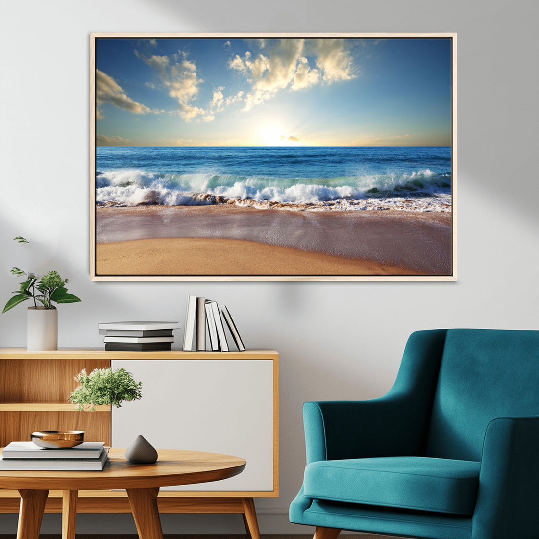 Serene Ocean Sunset Canvas Wall Art, Beach Waves at Sunset, Ready to Hang