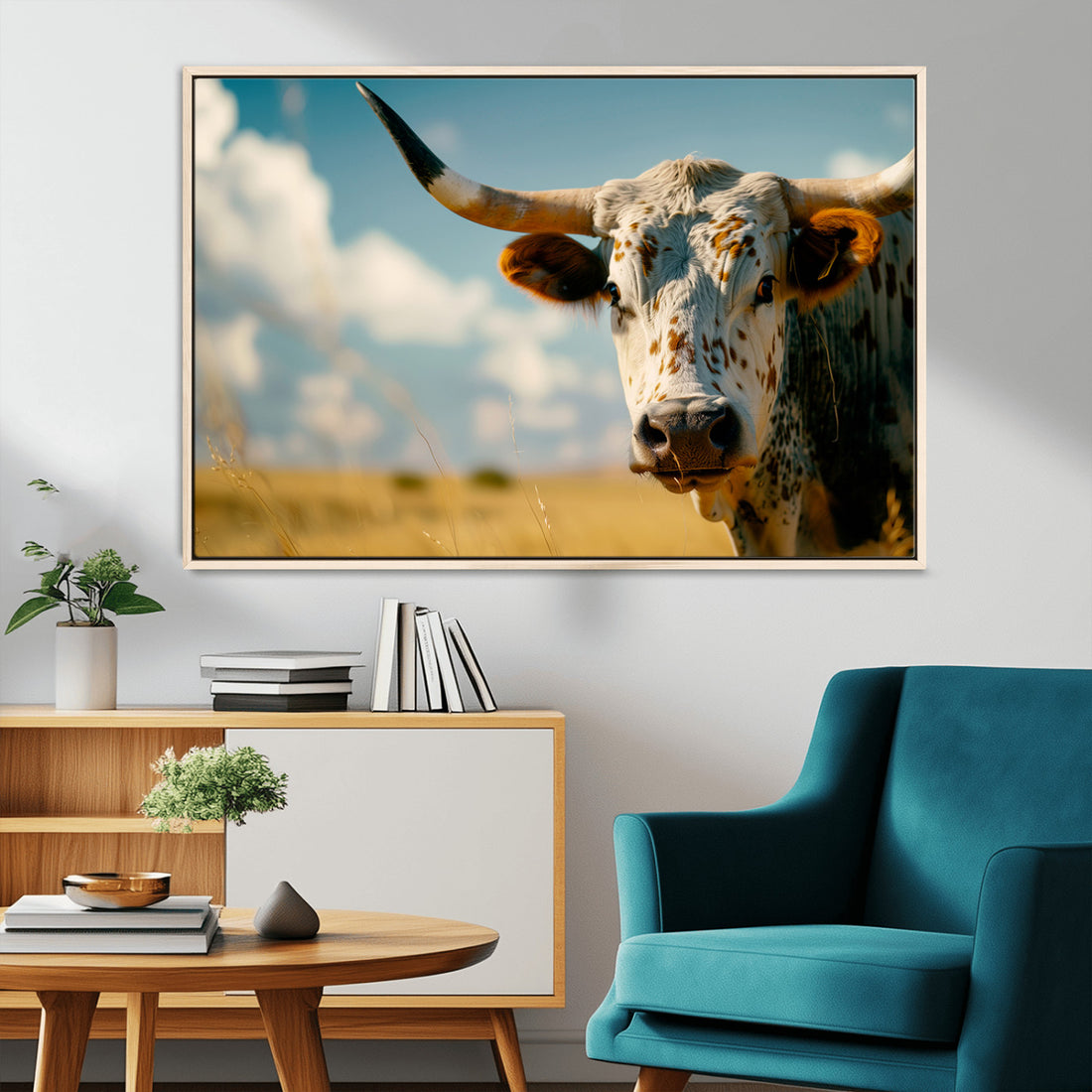 Longhorn in the Prairie, Stunning Ranch-Style Triptych Wall Art