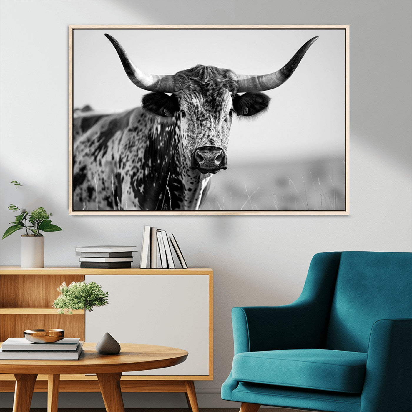 MGV-FC-36X24 - Texas Highland Cow Longhorn Canvas Print - Rustic Farmhouse Wall Art - Large Texas Longhorn