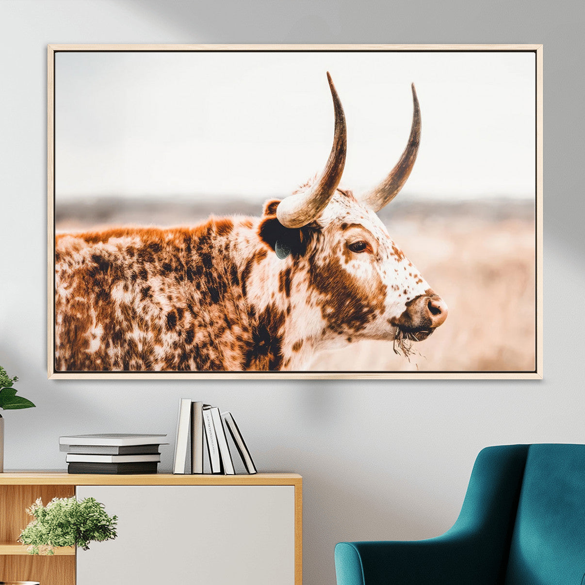 MGV-FC-36X24 - Speckled Bull Wall Art Canvas Print – Rustic Cow Longhorn Farmhouse Animal Decor – Western Longhorn
