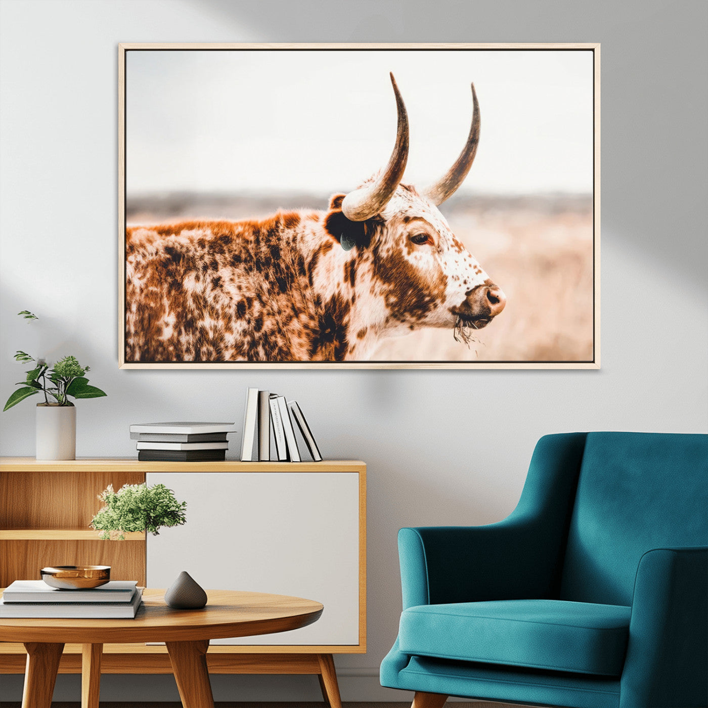 -Speckled Bull Wall Art Canvas Print – Rustic Cow Longhorn Farmhouse Animal Decor – Western Longhorn