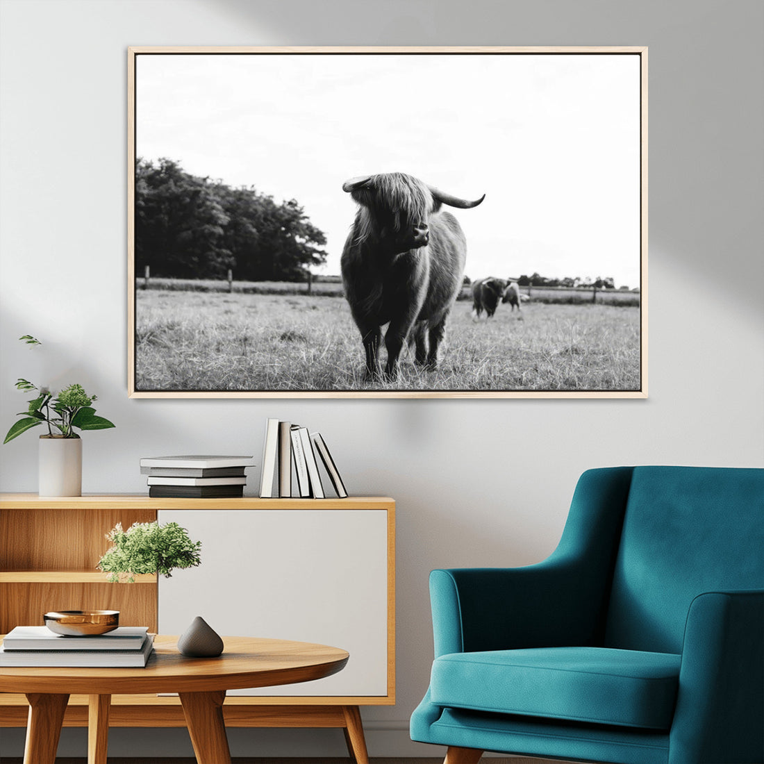Black and White Highland Cow Wall Art Canvas Print, Rustic Decor