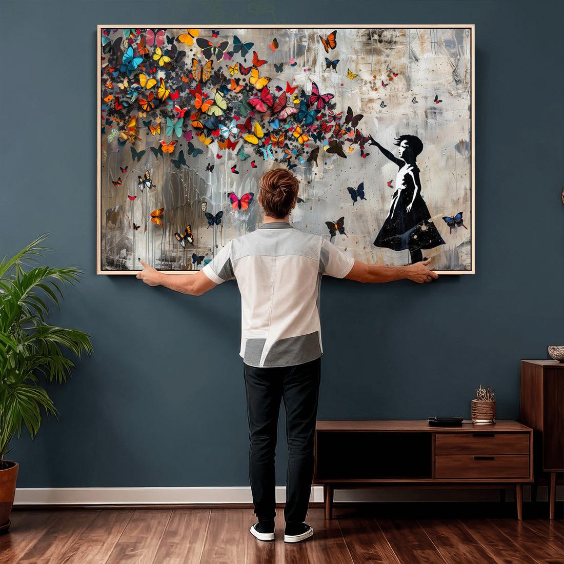 Banksy Wall Art, Banksy Girl and Butterfly Explosion Canvas Print | Extra Large 3 Piece Best Seller Wall Art