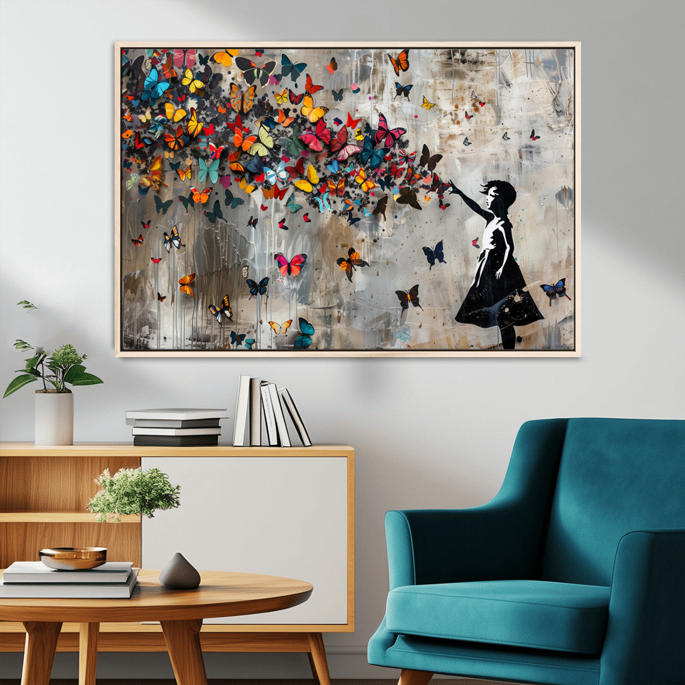 MGV-FC-36X24 - Banksy Wall Art - Banksy Girl and Butterfly Explosion Wall Art Canvas Print | Girl with Butterflies