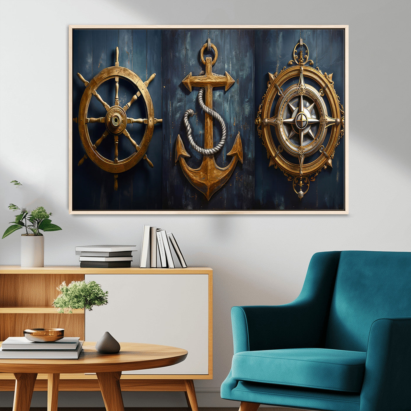 MGV-FC-36X24 - Boat Anchor Compass With Rope Wall Art Canvas Print | Beach House Wall Art