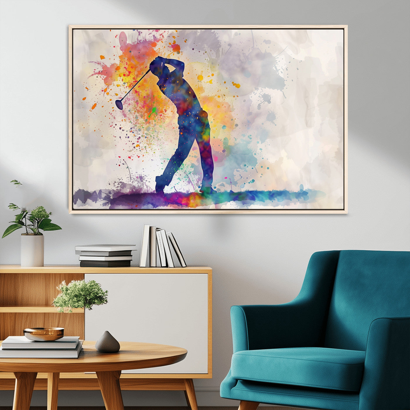 MGV-FC-36X24 - Watercolor Golf Swing Wall Art Canvas Print | Vibrant Abstract Golf Player Silhouette |