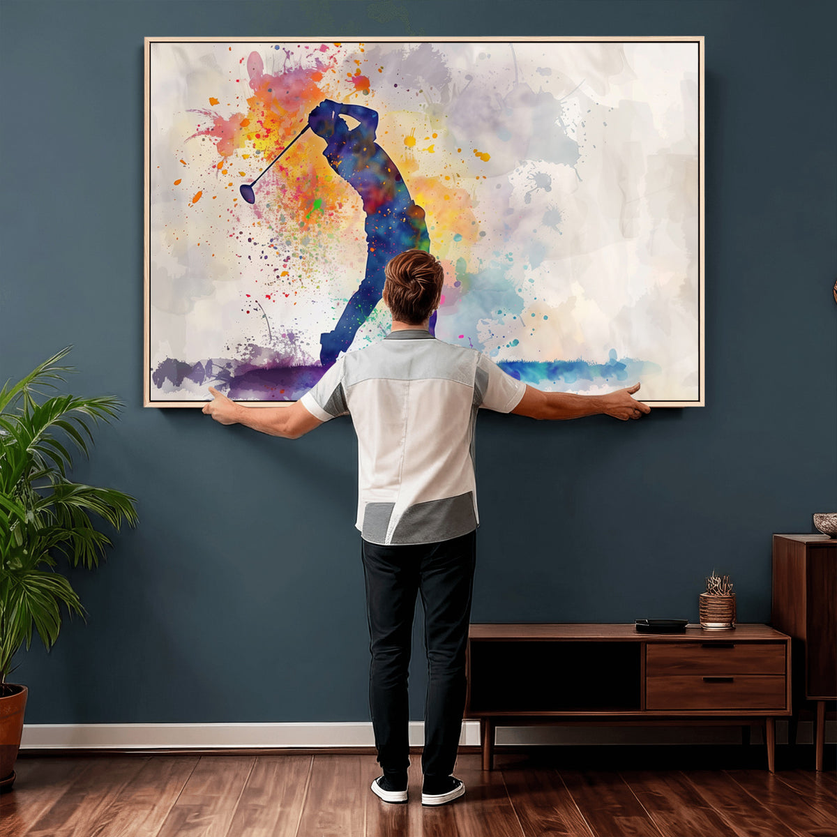 89625-MGV-CV-36X24 - Vibrant Watercolor Golf Swing Wall Art Canvas Print | Extra Large 3 Piece Canvas Wall Art