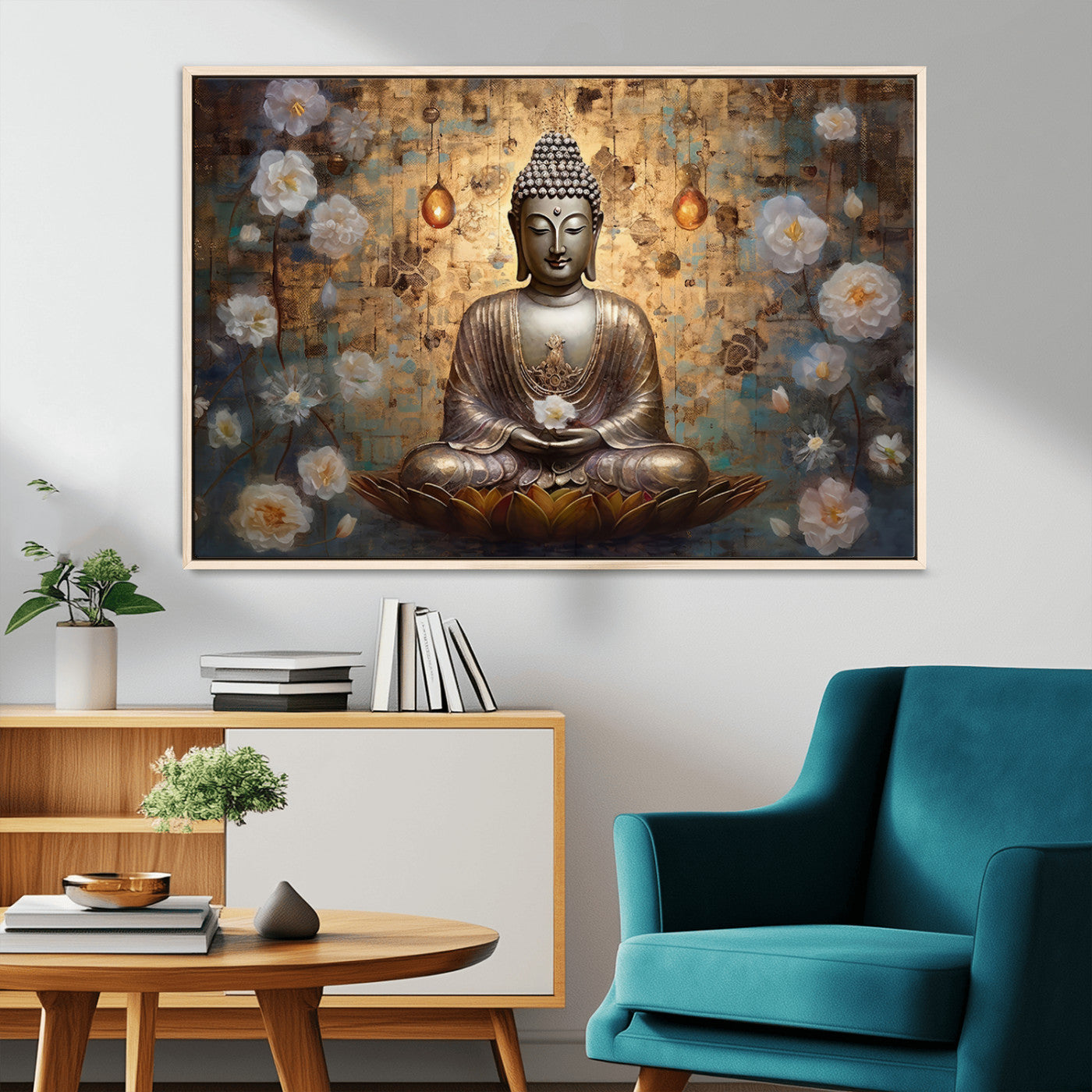 MGV-FC-36X24 - Golden Buddha Wall Art Canvas Print | Zen Meditation Floral Decor | Tranquil Spiritual Home Art |