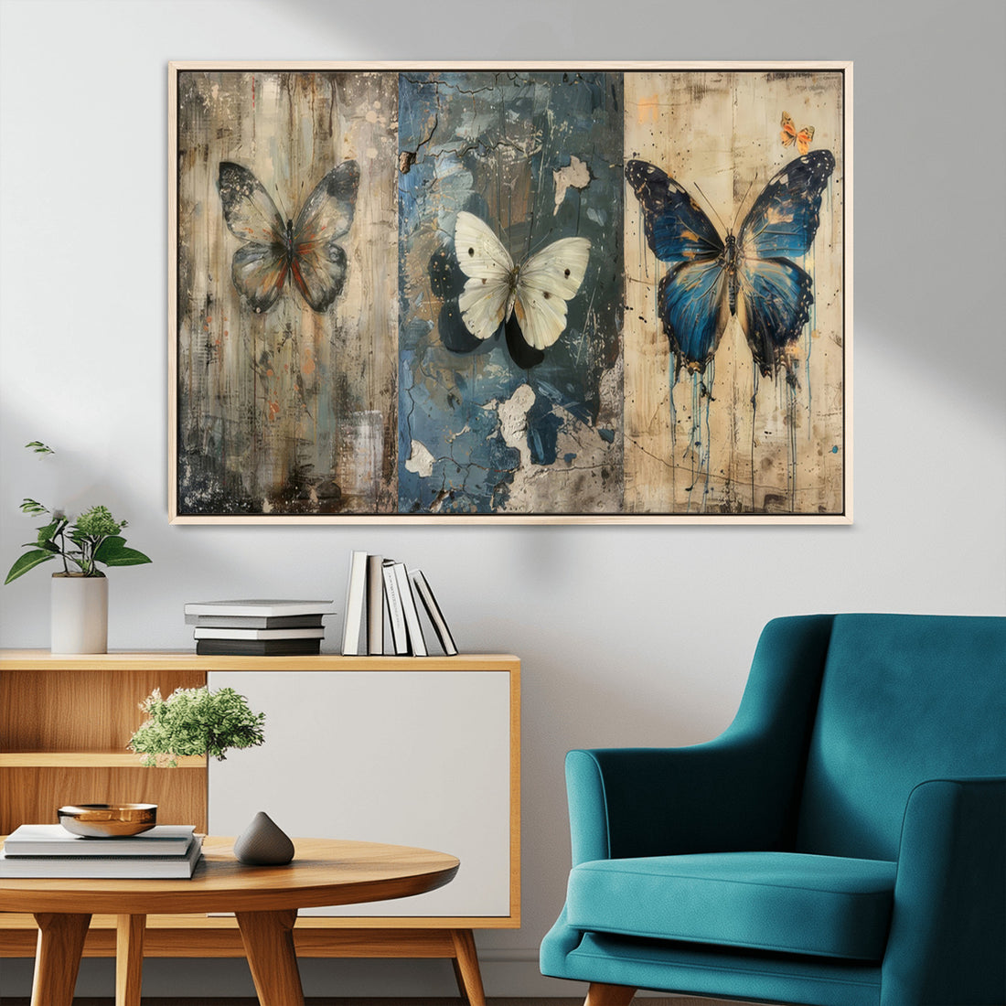 Butterfly Wall Art Trio, Vintage Butterfly Canvas Print | Extra Large 3 Piece Canvas Wall Art