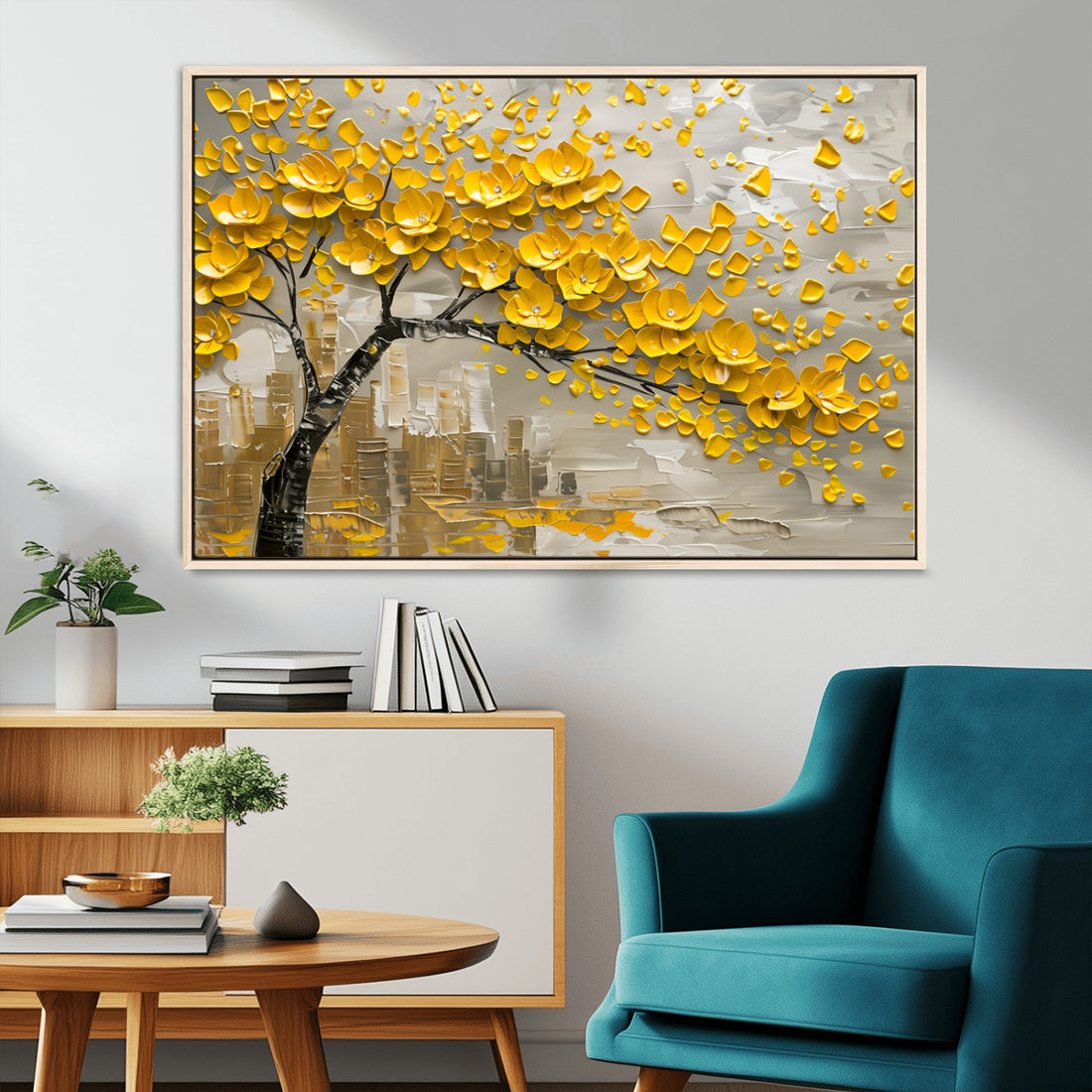 Yellow Blossom Tree Canvas Wall Art, Floral Abstract Modern Art | Extra Large 3 Piece Canvas Wall Art