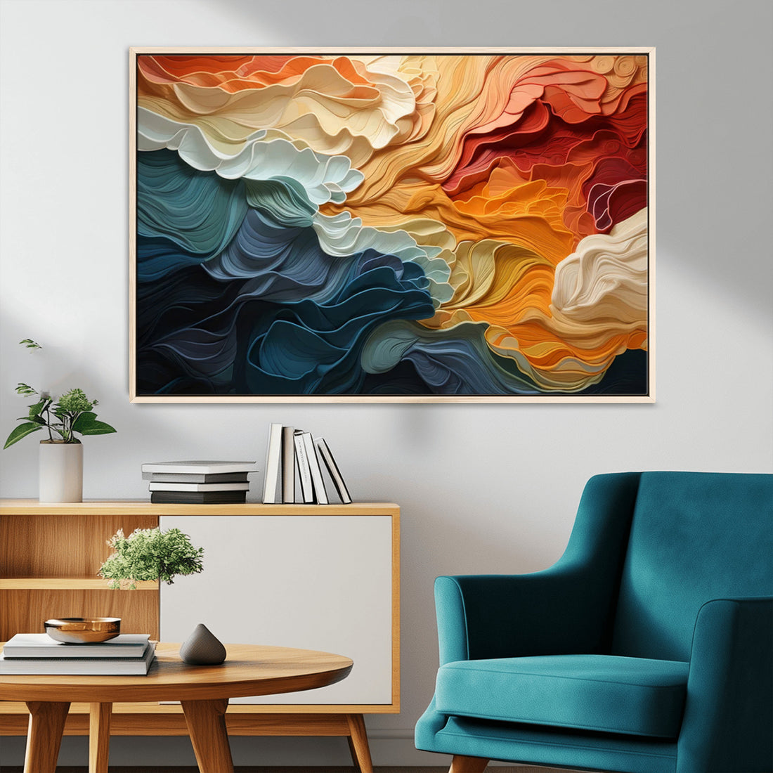 Blue Orange Abstract Wave Wall Art Canvas Print, Framed | Extra Large 3 Piece Canvas Wall Art
