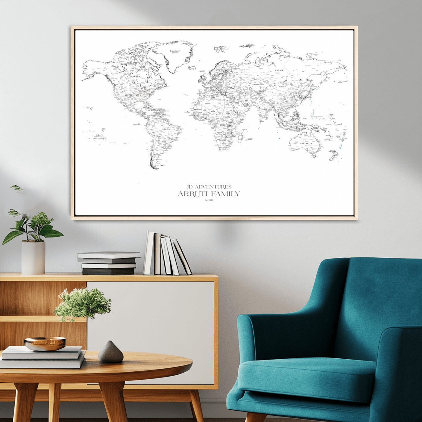 MGV-FC-36X24 - Custom World Map Wall Art – Personalized Framed Canvas Print with Push Pins for Travel Tracking,
