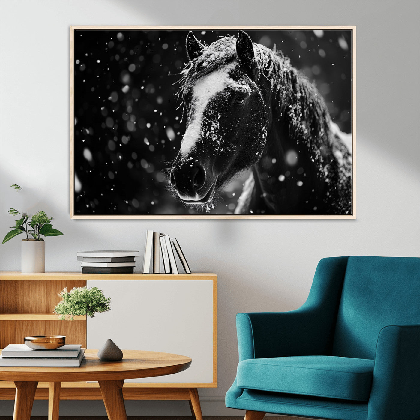 MGV-FC-36X24 - Winter Horse Wall Art | Black and White Horse Print | Ready to Hang and Framed | Farmhouse Wall Art