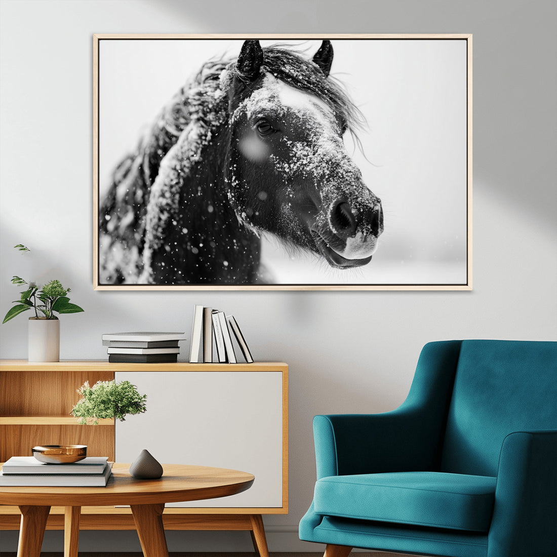 Winter Horse Canvas Print, Large 3-Panel Black and White Horse Wall Art