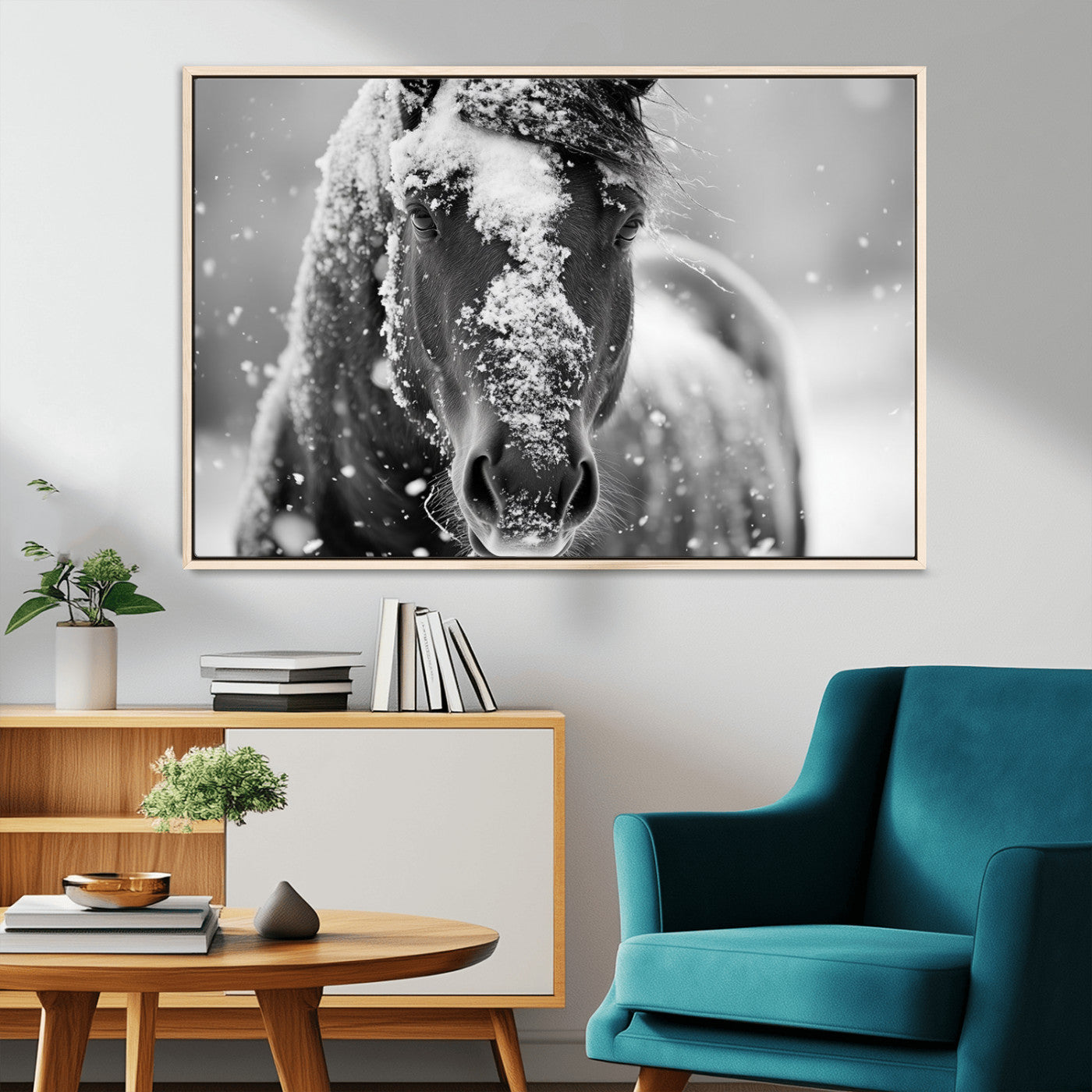 MGV-FC-36X24 - Black and White Horse Winter Wall Art | Ready to Hang and Framed | Farmhouse Wall Decor | Western