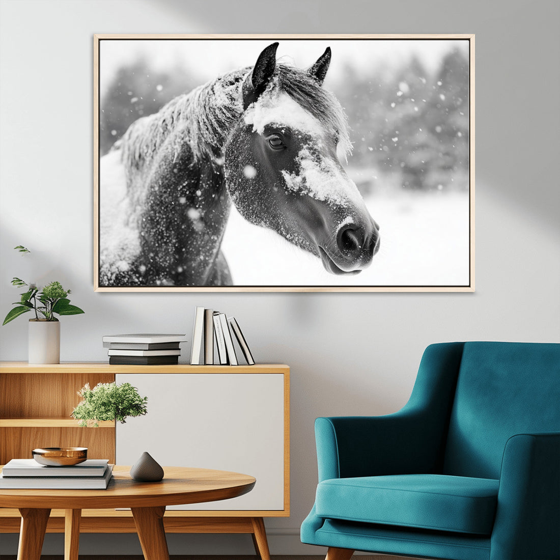 Black Horse Winter Wall Art, Ready to Hang