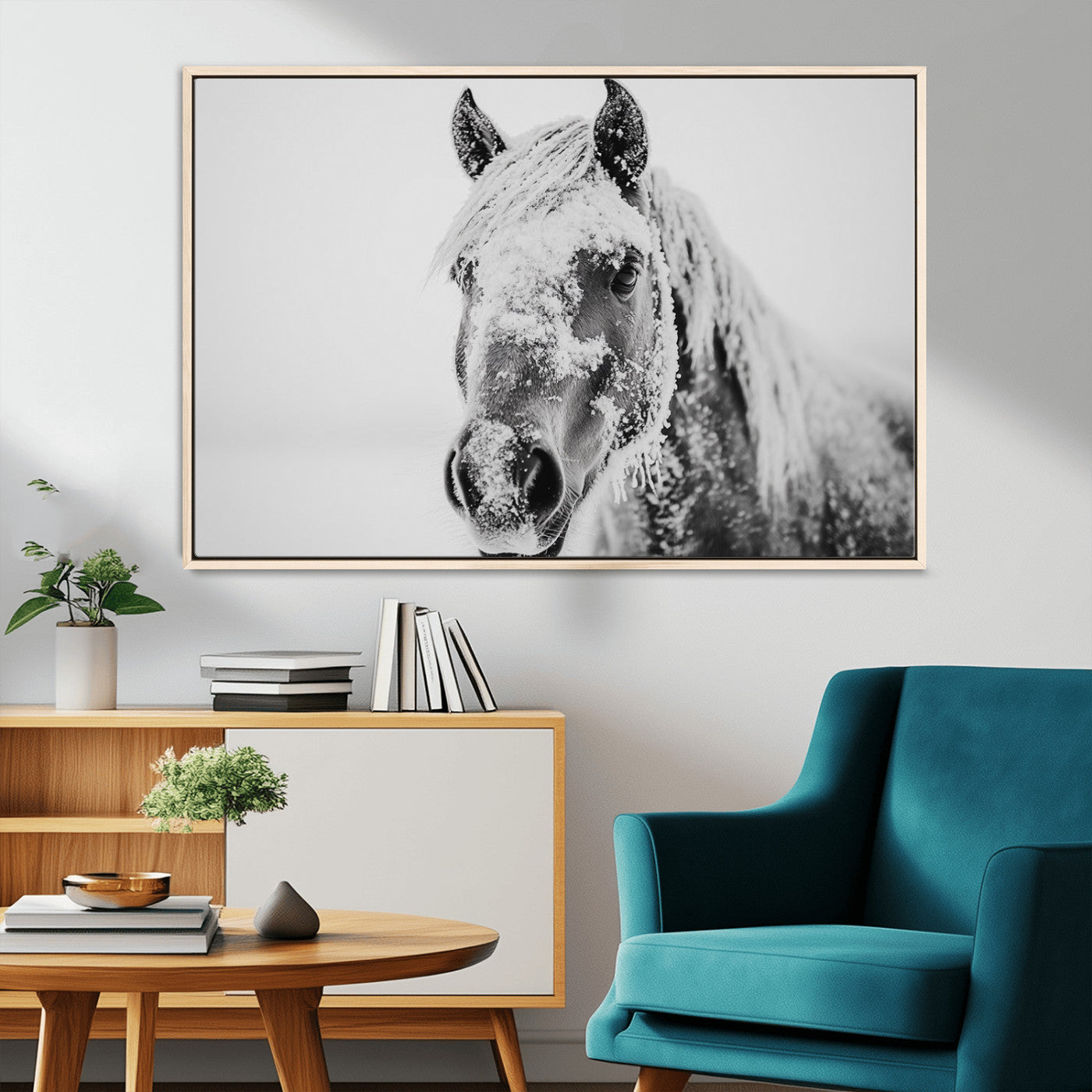 MGV-FC-36X24 - White Horse Wall Art | Ready to Hang and Framed | Winter Horse Wall Art Print for Farmhouse and