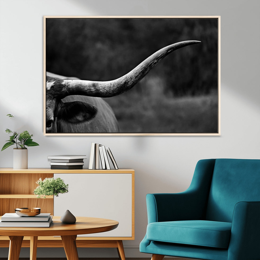 Cow Longhorn Wall Art, Black and White Print, Ready to Hang