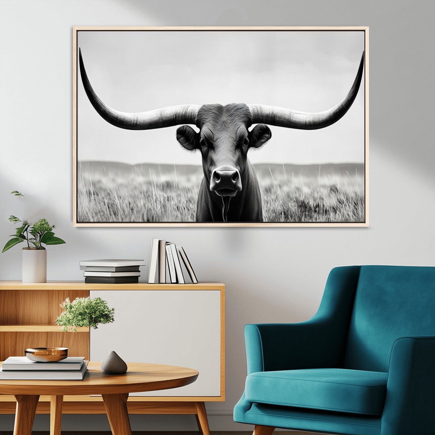 -Longhorn Bull Canvas Print | Rustic Farmhouse Wall Art | Western Decor | Ready to Hang and Framed
