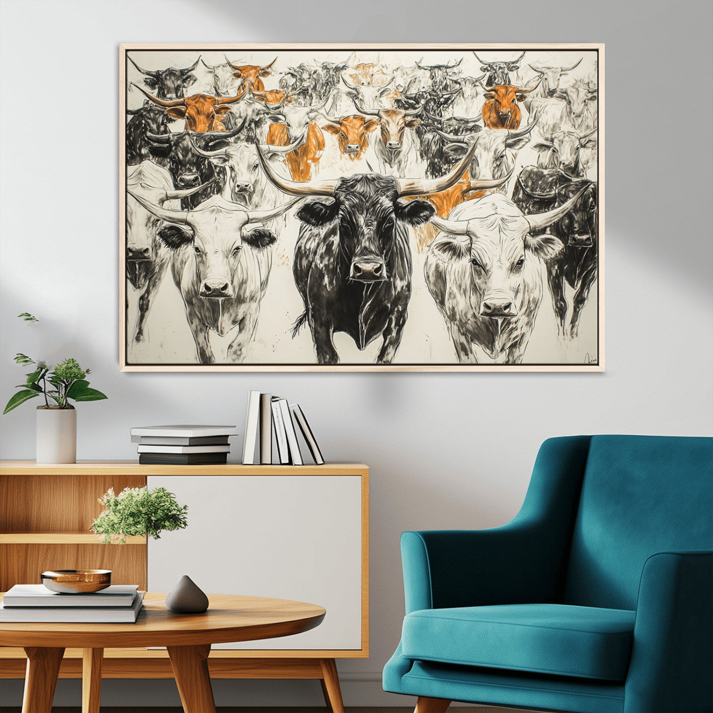 MGV-FC-36X24 - Texas Longhorn Wall Art - Herd Canvas Wall Art Print - Abstract Cow Drawing Wall Art Print for