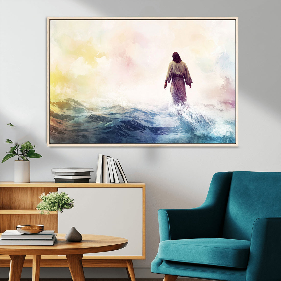 Watercolor Jesus Walking on Water Canvas Print, Christian Wall Art