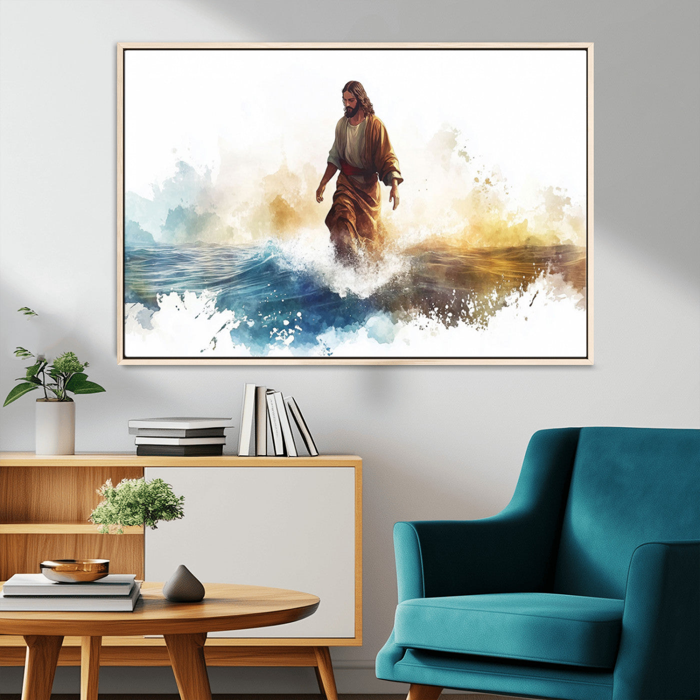MGV-FC-36X24 - Watercolor Jesus Walking Wall Art Print, Jesus Water Canvas Print, Christian Wall Art, Jesus Christ