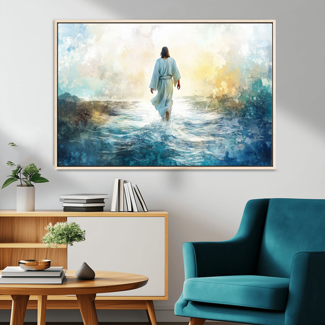 Watercolor Jesus Walking on Water Canvas Print, Christian Wall Art