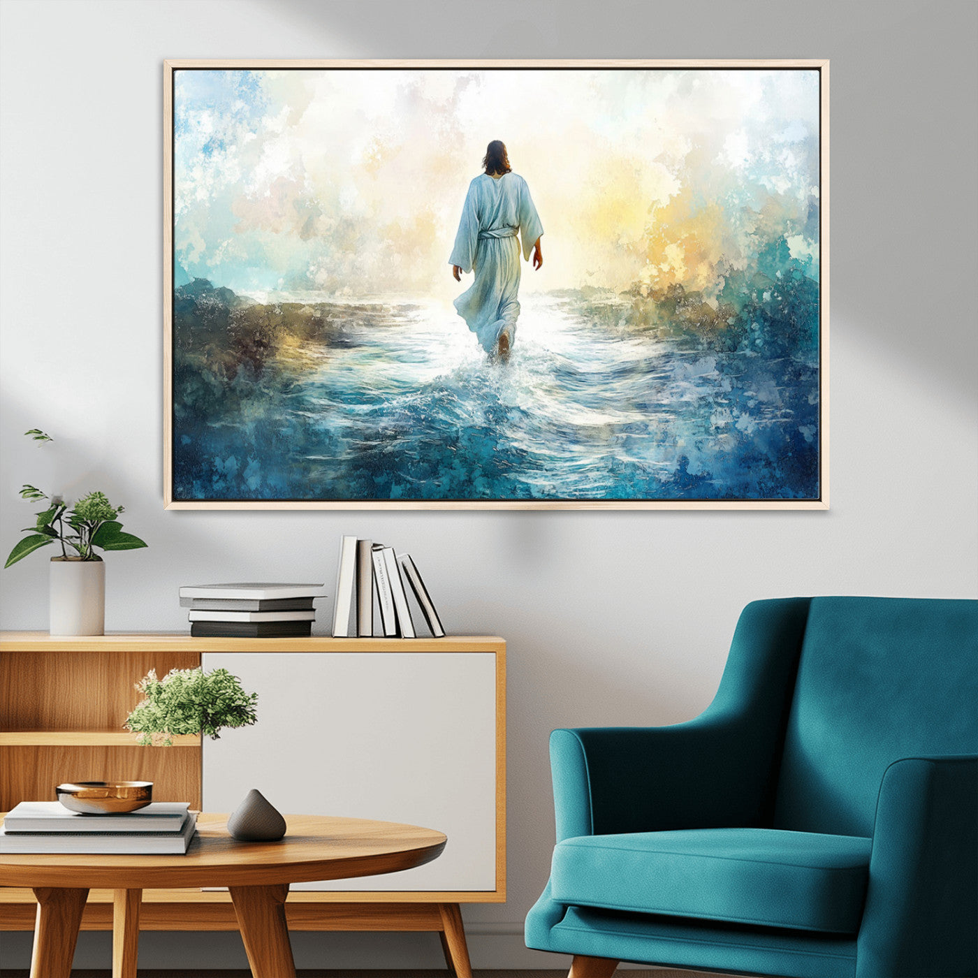 MGV-FC-36X24 - Watercolor Jesus Walking on Water Canvas Print, Christian Wall Art, Jesus Christ Walking