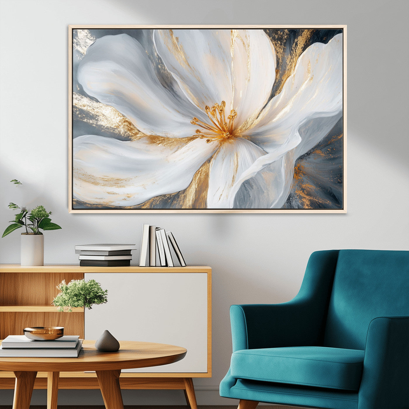 MGV-FC-36X24 - White and Gold Floral Canvas Wall Art - Framed and Ready to Hang - Perfect for Modern Living Rooms