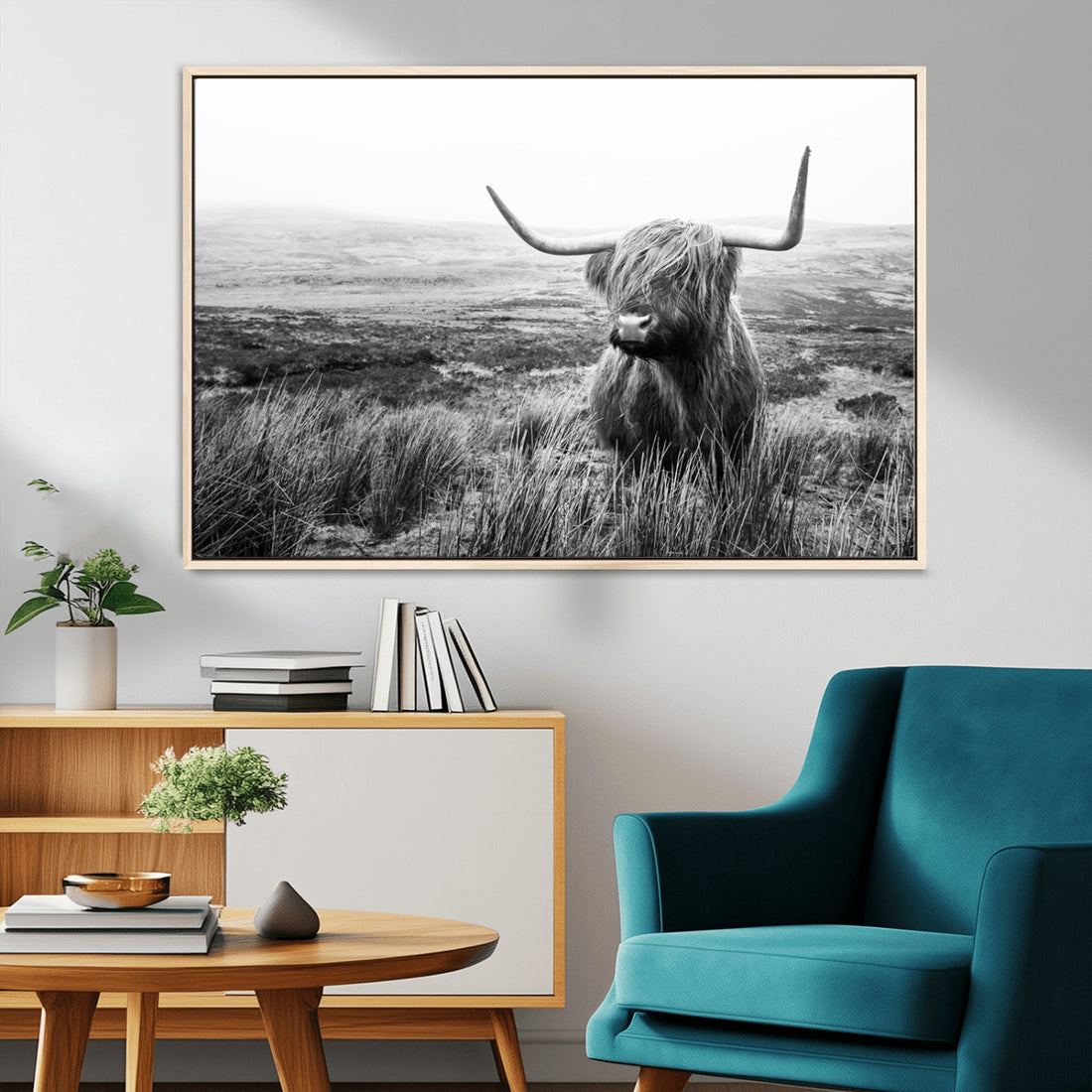 Scottish Highland Cow Wall Art, Black and White Canvas Print