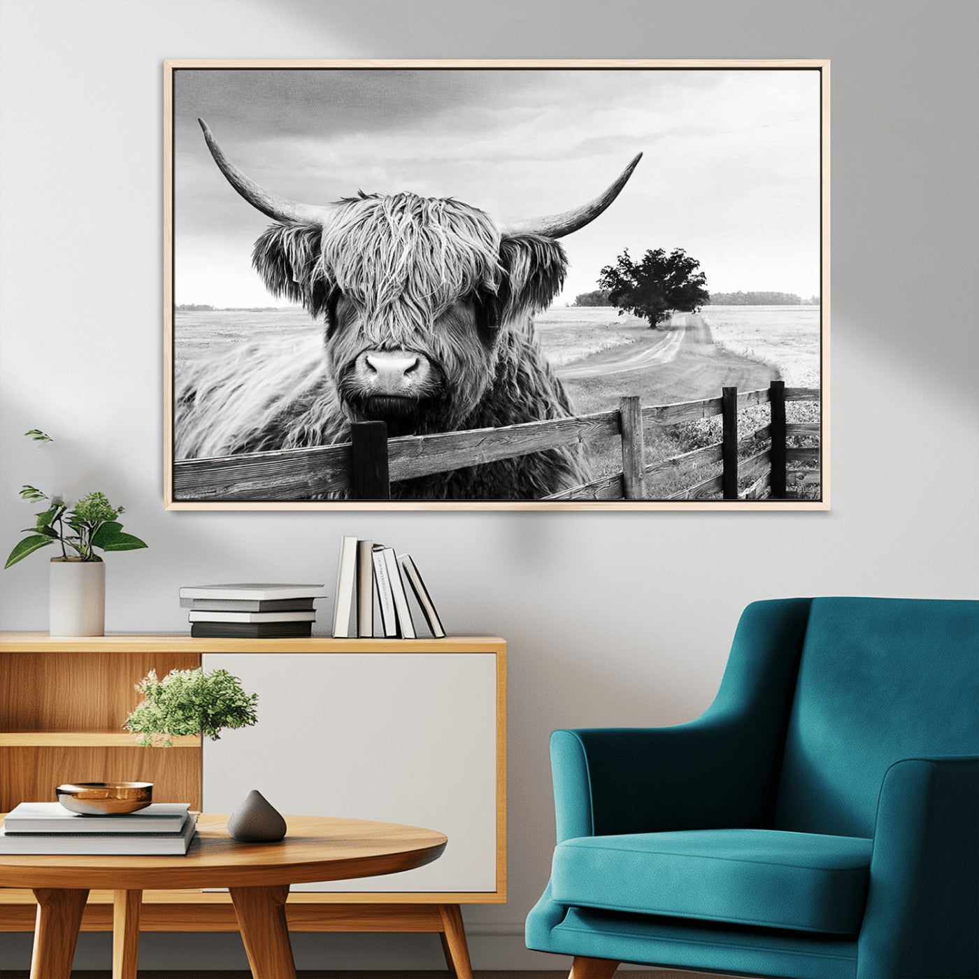 MGV-FC-36X24 - Scottish Highland Cow Wall Art | Rustic Farmhouse Décor | Black and White Ready to Hang Canvas Print