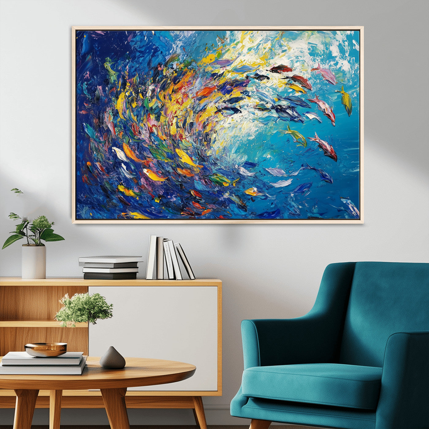 MGV-FC-36X24 - Colorful Swirling Fish School Wall Art Canvas Print | Oceanic Abstract Painting | Ready to Hang |