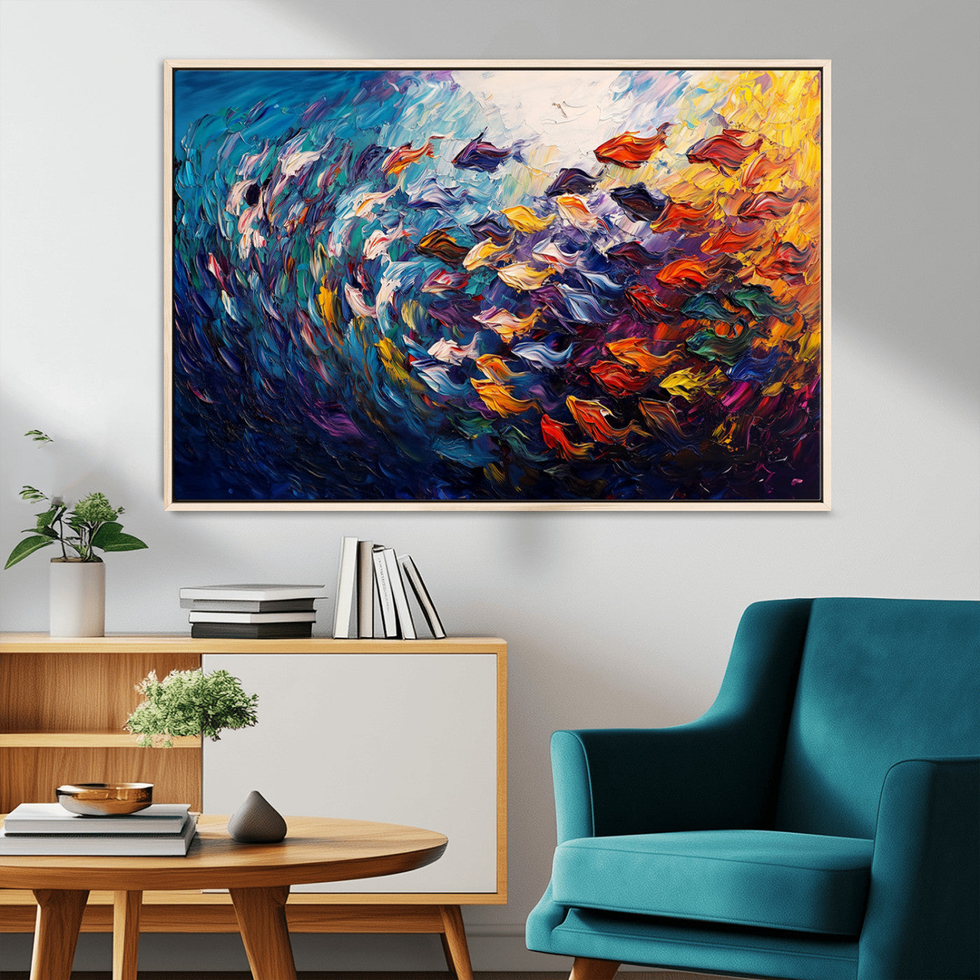 MGV-FC-36X24 - Vibrant Abstract Fish Swarm Art – Colorful Fish Inspired 3-Piece Canvas Wall Art for Living Room or