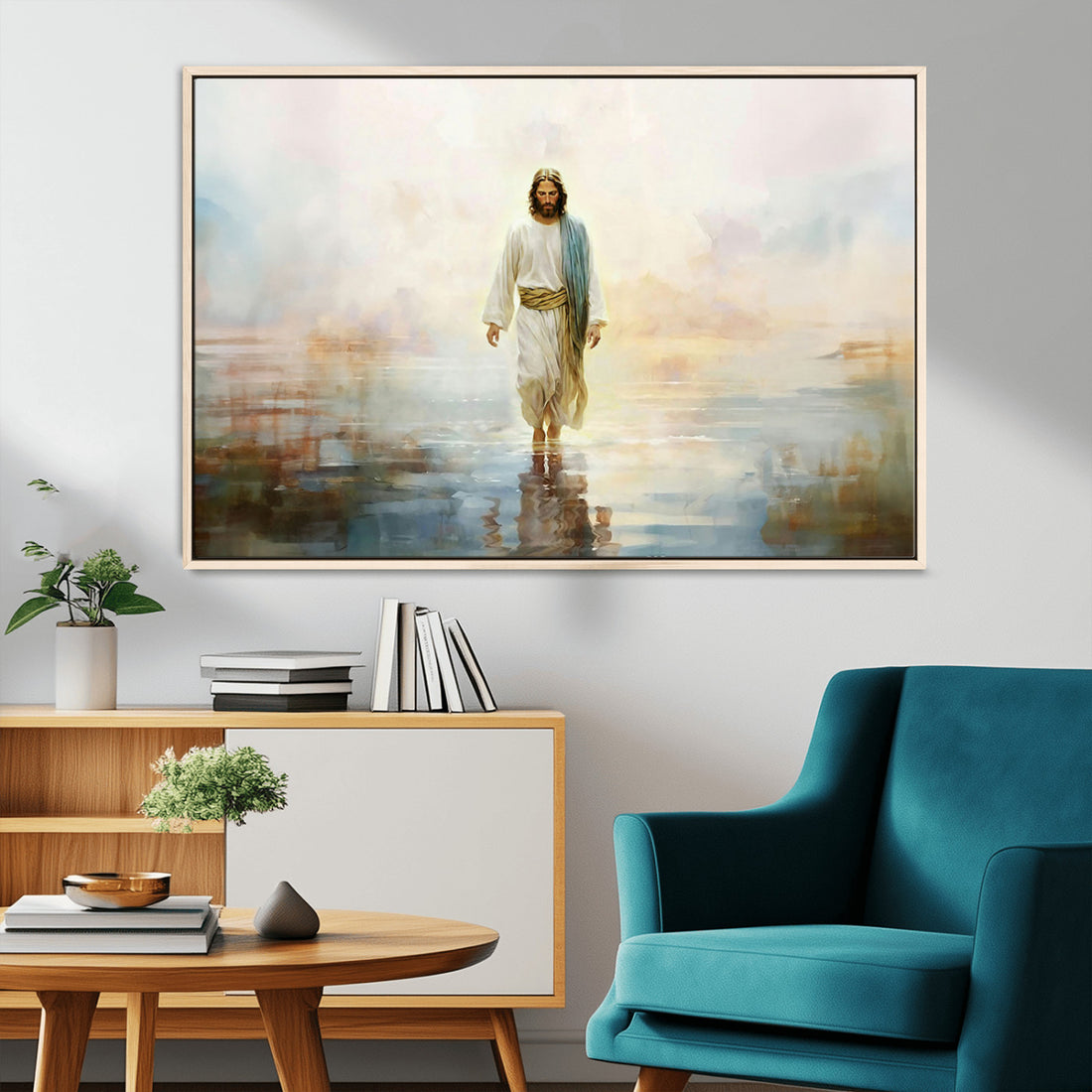 Framed Jesus Walking on Water Wall Art, 3 Panel Christian Canvas Prints