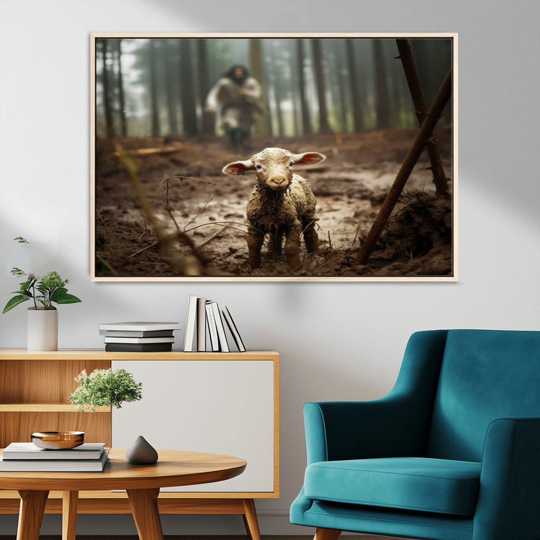 Jesus Running After a Lost Lamb Canvas Wall Art Print