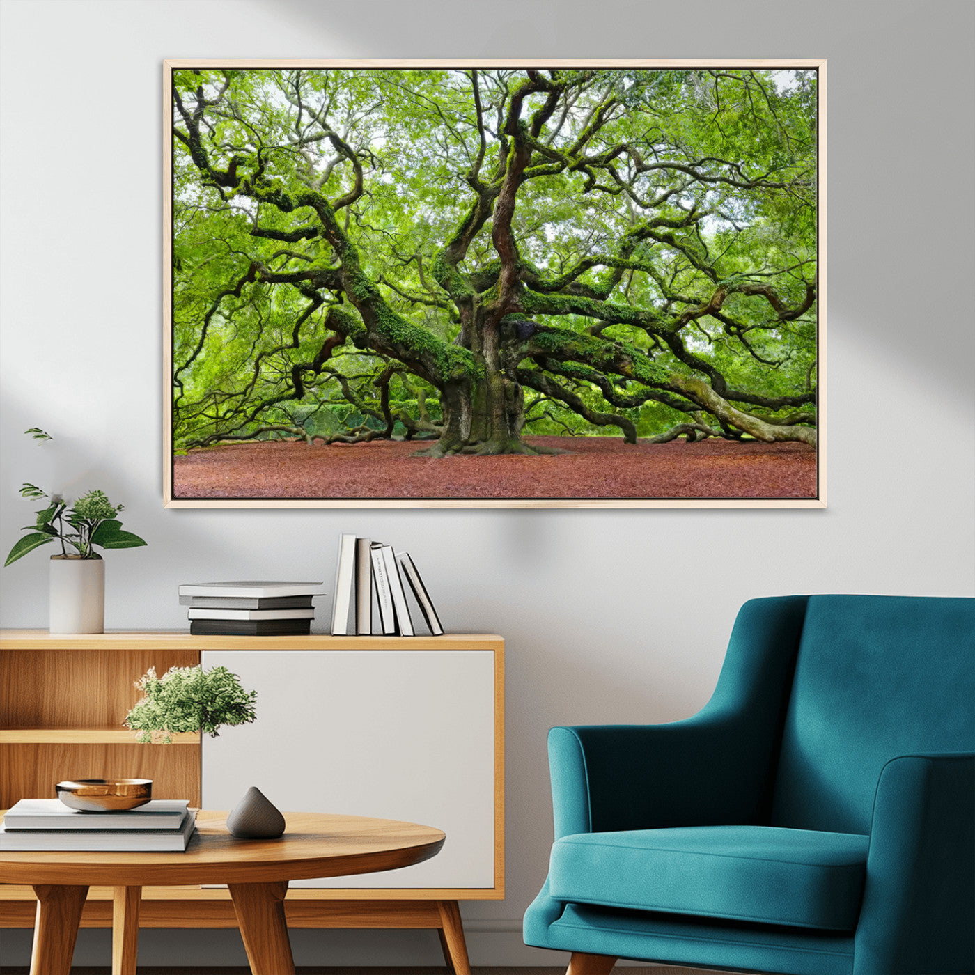 MGV-FC-36X24 - Framed Angel Oak Tree Wall Art - 3-Panel Canvas Prints, Large Green Nature Artwork, Ready to Hang
