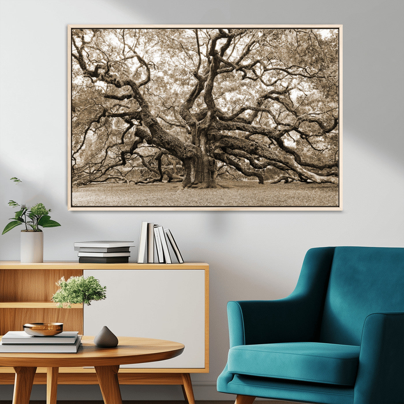51126-MGV-CV-36X24-Sepia Framed Angel Oak Tree Wall Art - 3-Panel Canvas Prints, Large Green Nature Artwork, Ready to