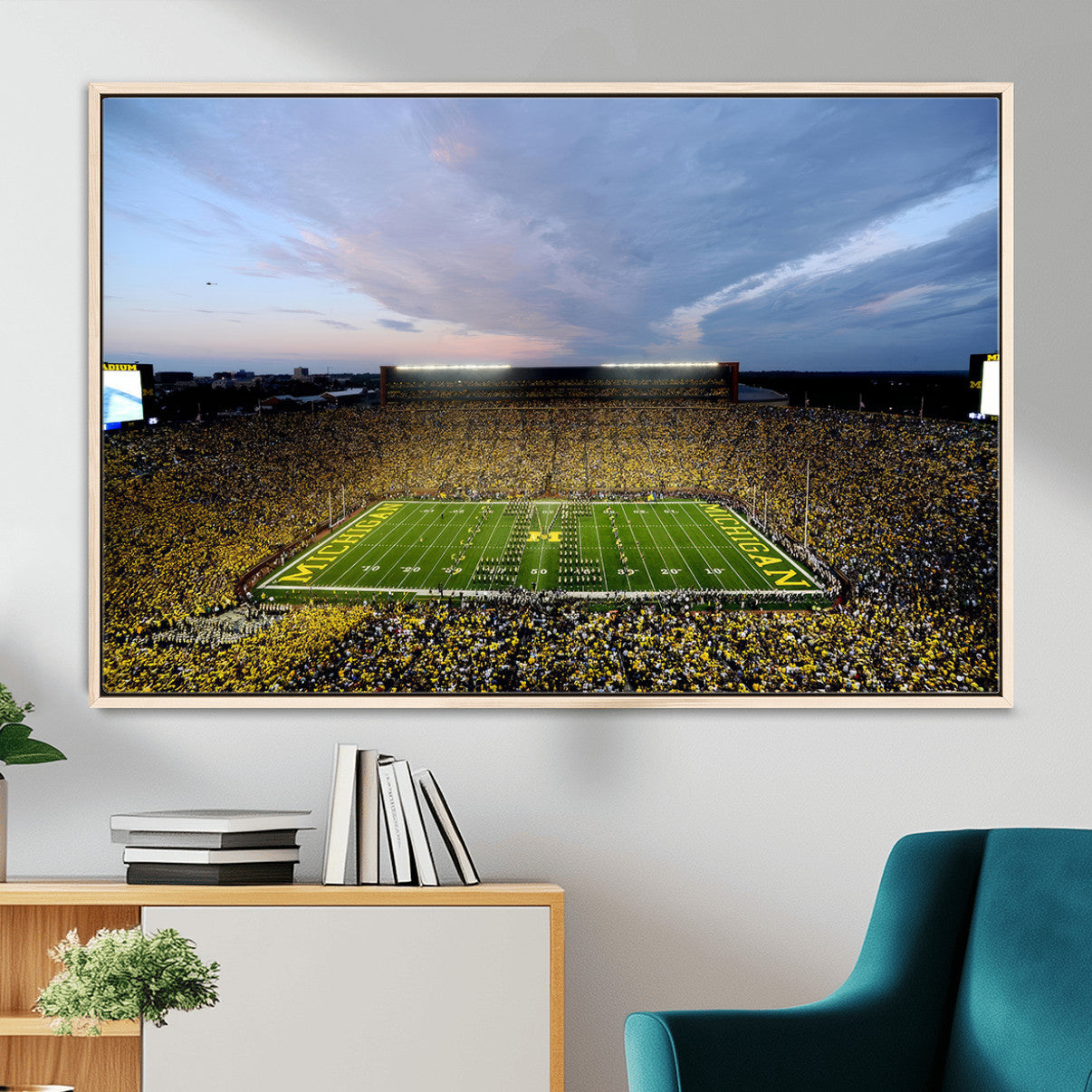 82641-MGV-FC-36X24 - Michigan Stadium Wall Art Canvas Print, Vibrant Game Day Crowd and Sunset Sky Football Field Artwork for Home, Office