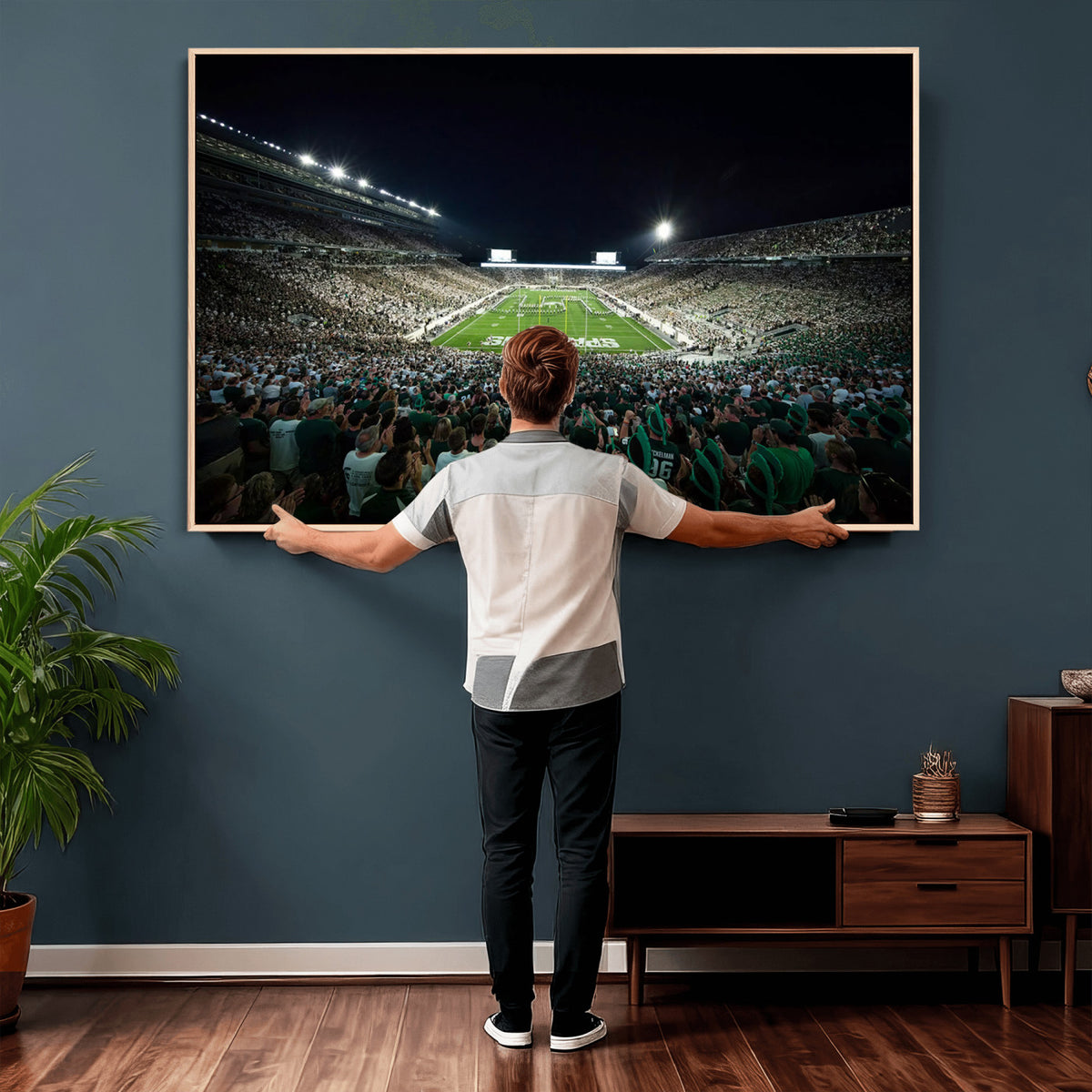 57523-PAN-FL-20X10 - Framed Michigan State Spartans Football Team Print - East Lansing Spartan Stadium Wall Art Canvas