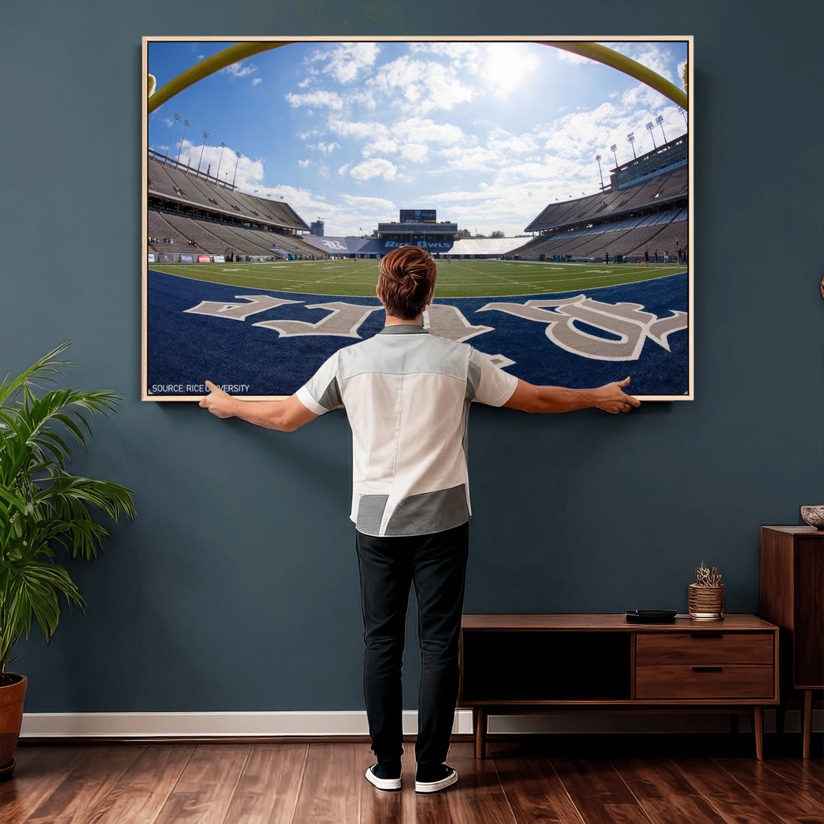 50267-MGV-CV-36X24 - Rice University Owls Football Team Print, Houston Rice Stadium, Framed and Ready to Hang