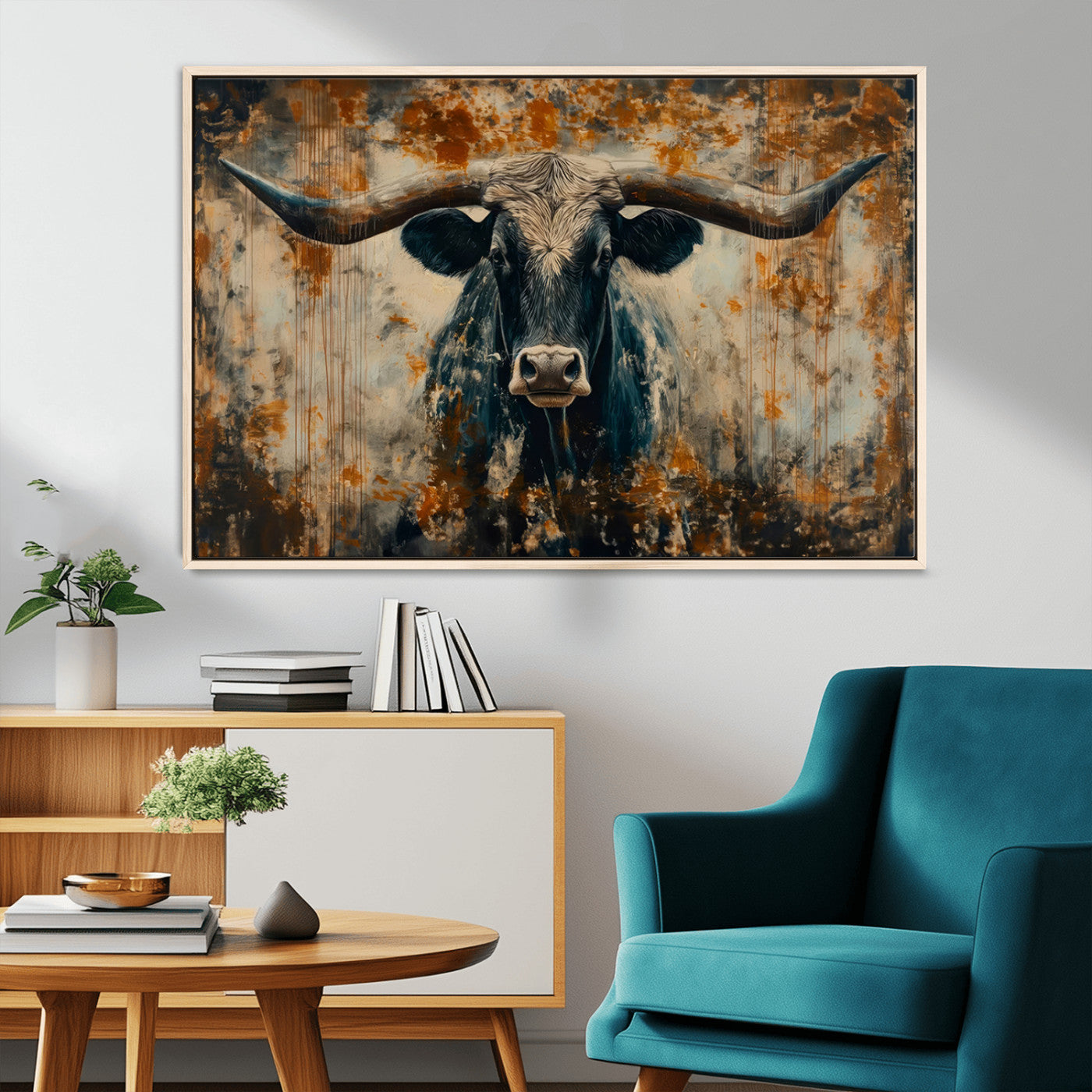 MGV-FC-36X24 - Abstract Longhorn Bull Wall Art | Rustic Western Wall Decor | Framed and Ready to Hang | Ideal for