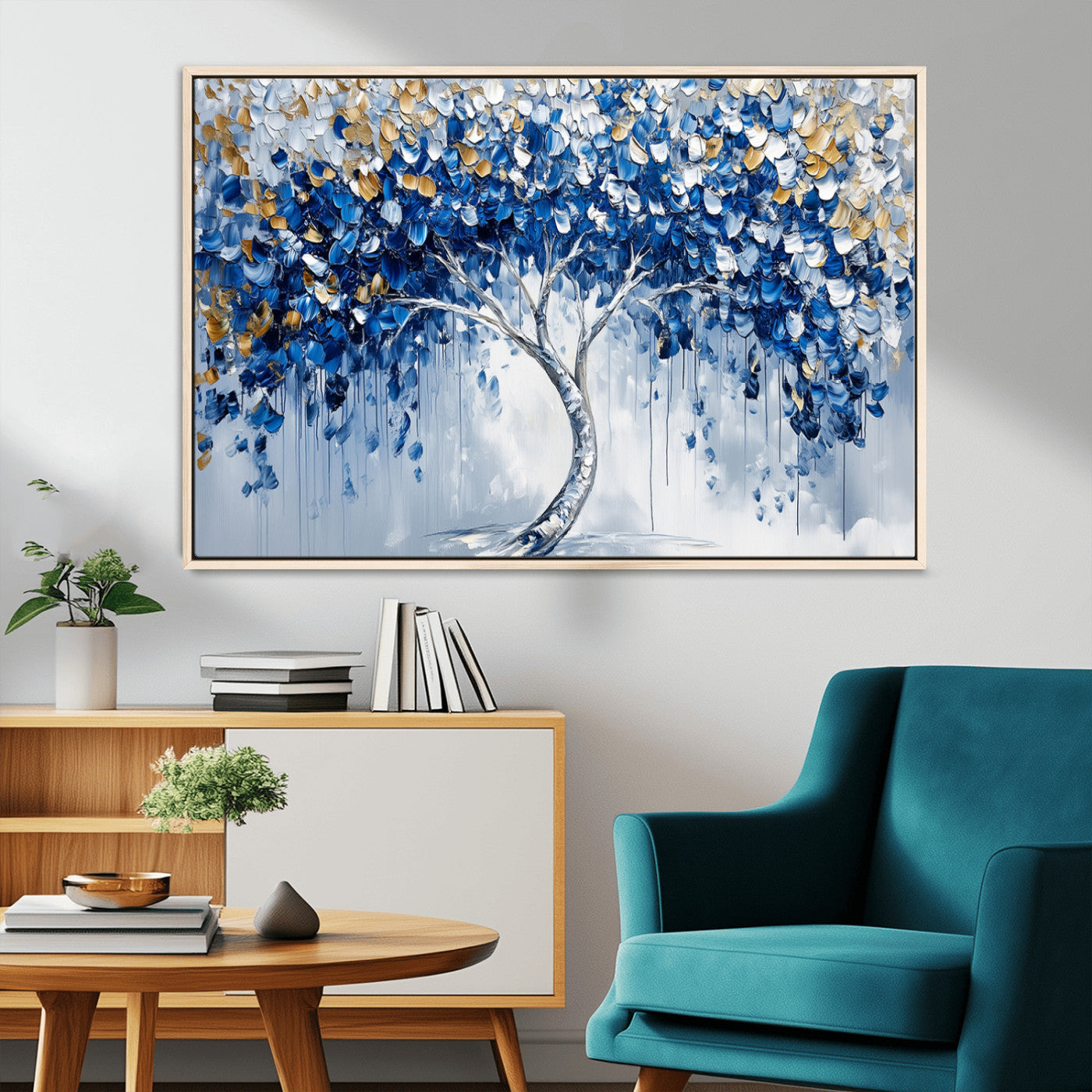 MGV-FC-36X24 - Blue and Gold Abstract Tree Wall Art Canvas Print | Modern Tree of Life Painting | Framed Canvas