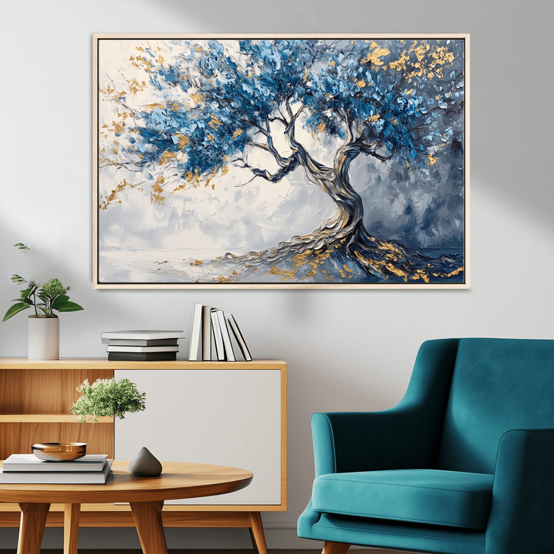 Abstract Tree Painting Canvas Wall Art | Tree of Life Print in Blue and Gold