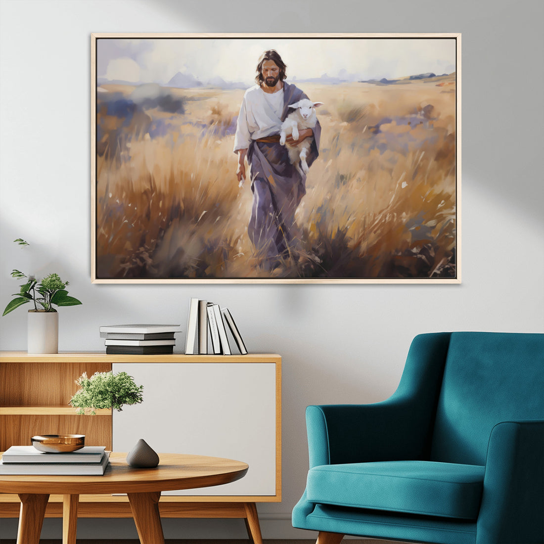 Jesus the Good Shepherd Wall Art Canvas Print, Lost Lamb Print for Prayer Room Decor