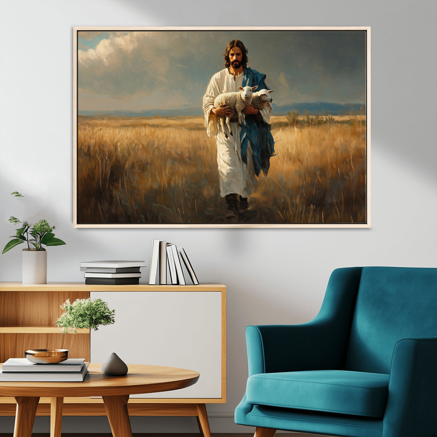 MGV-FC-36X24 - Jesus Shepherd Wall Art | Ready to Hang Triptych Canvas of Jesus Holding a Lamb in a Field |
