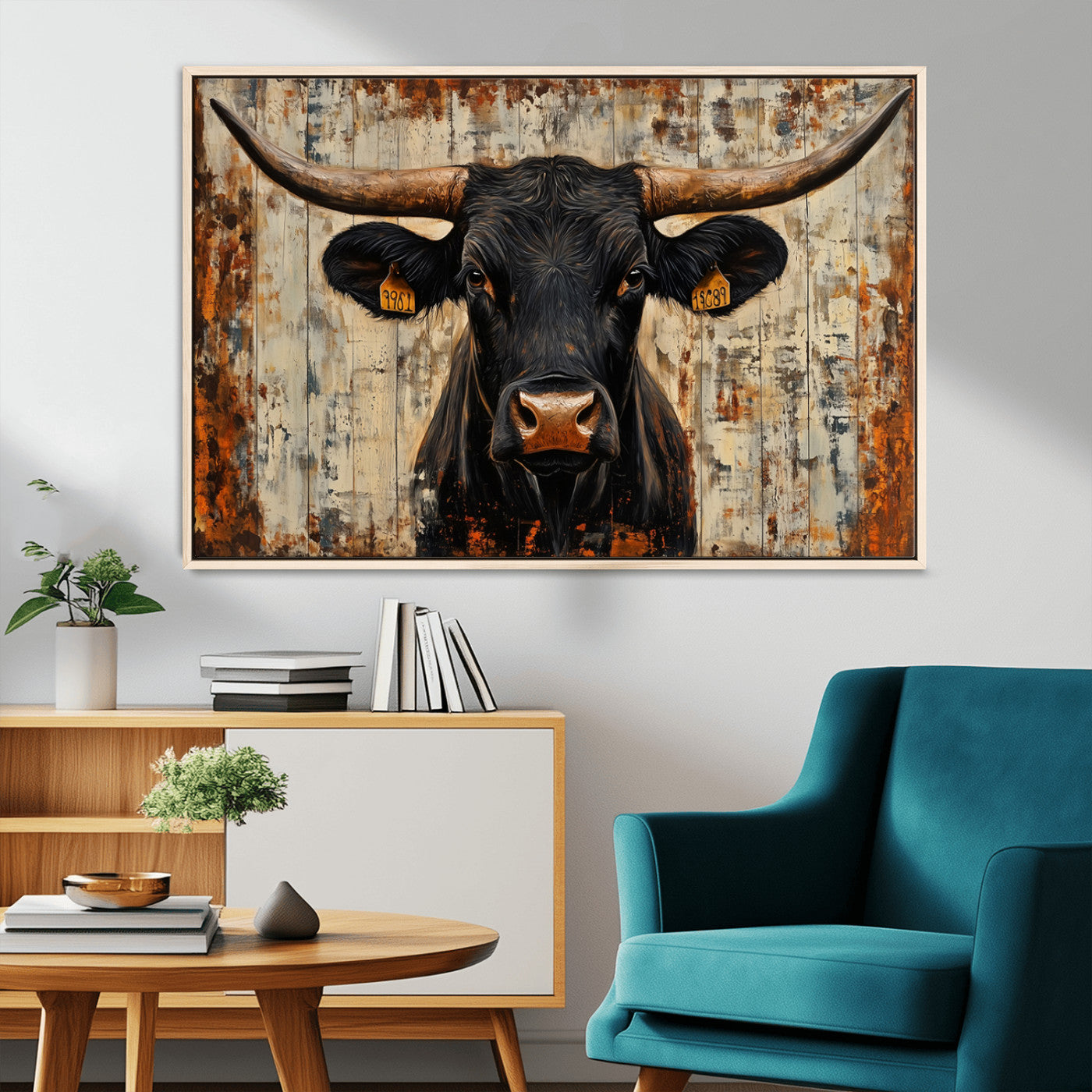 MGV-FC-36X24 - Rustic Texas Artwork Wall Art Canvas Print - Abstract Cow Longhorn Bull Wall Art Canvas Print