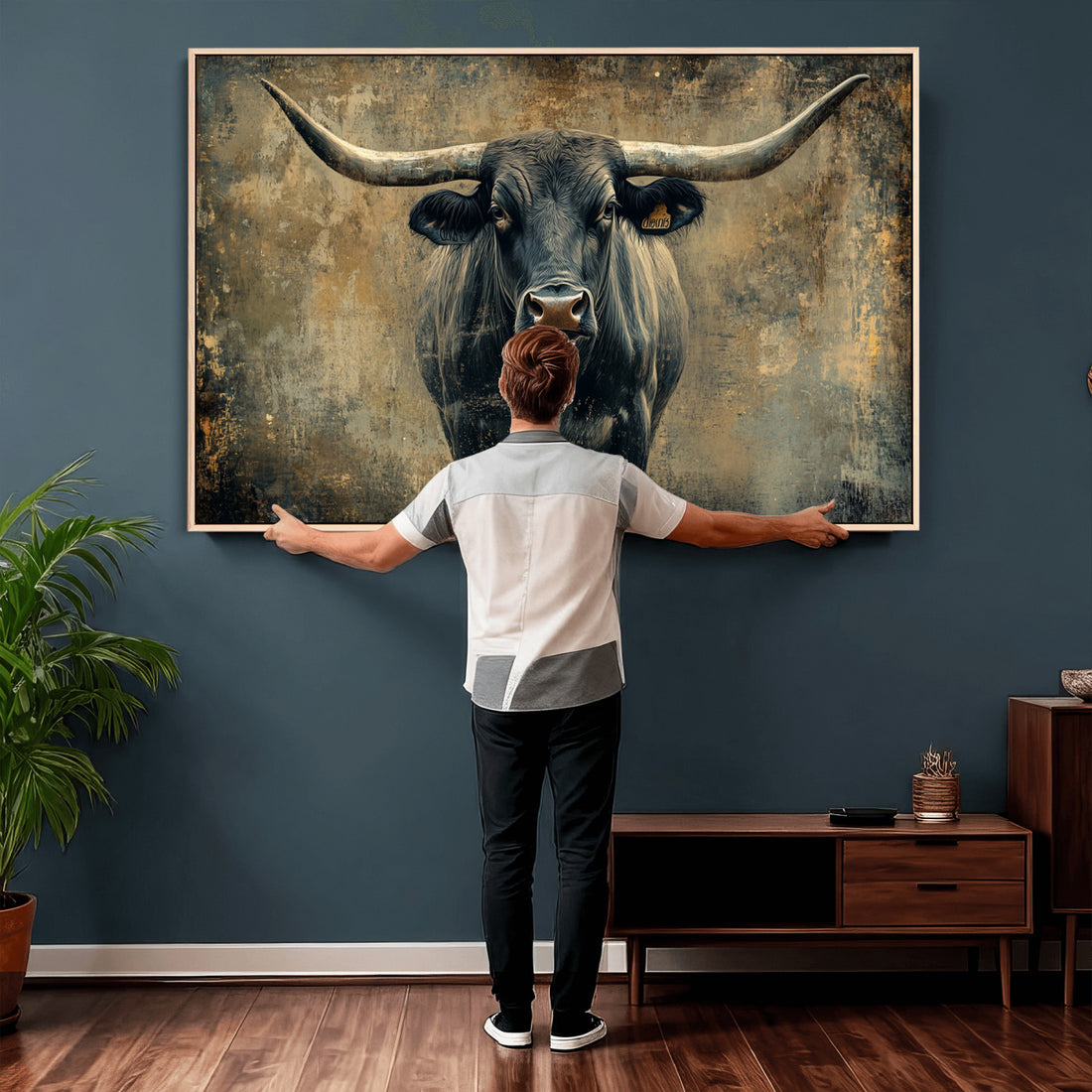 Texas Longhorn Bull Wall Art, Framed Rustic Cow Canvas Print, Western Farmhouse Decor