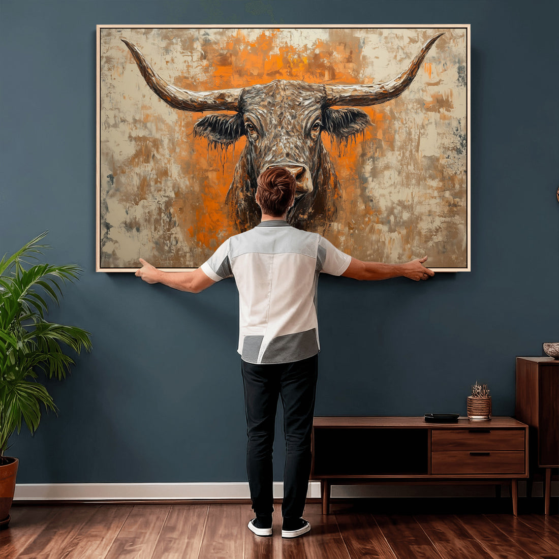 Abstract Cow Longhorn Bull Wall Art Canvas Print, Rustic Texas Western Cattle Artwork