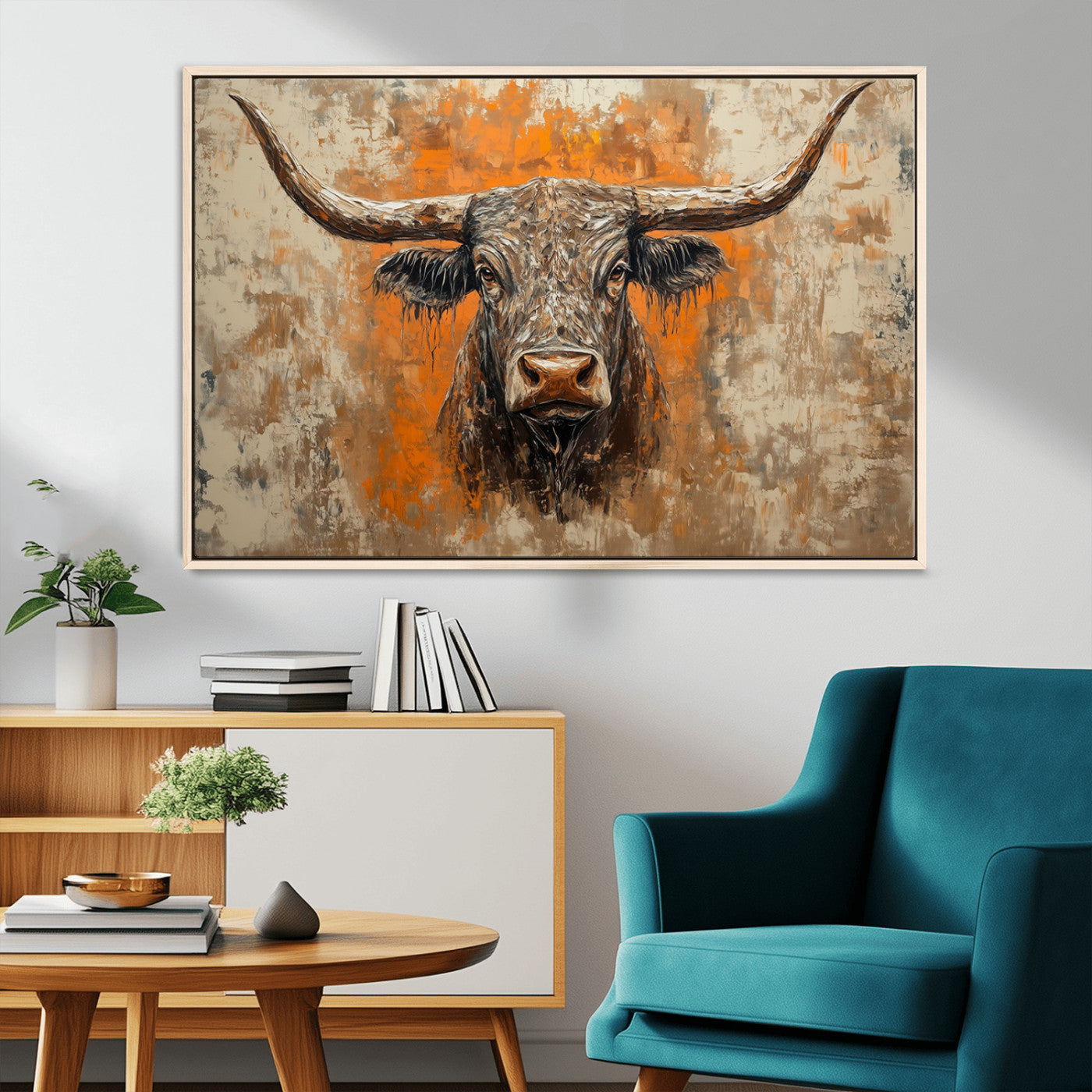 MGV-FC-36X24 - Abstract Cow Longhorn Bull Wall Art Canvas Print - Rustic Texas Western Cattle Artwork